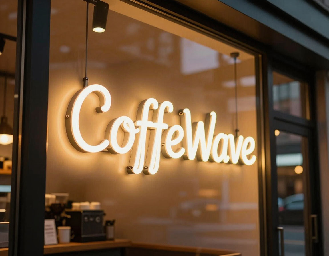 CoffeeWave coffee shop façade custom neon signage