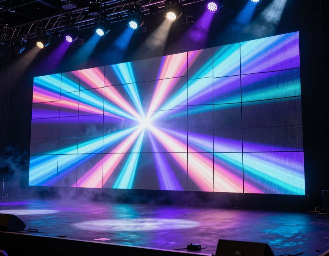 Close-up of LED module seams and power distribution for backdrop tiles